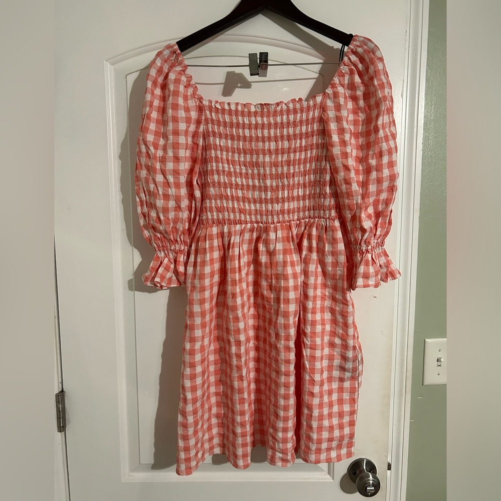H&M coral/Pink and White Gingham Smocked Dress